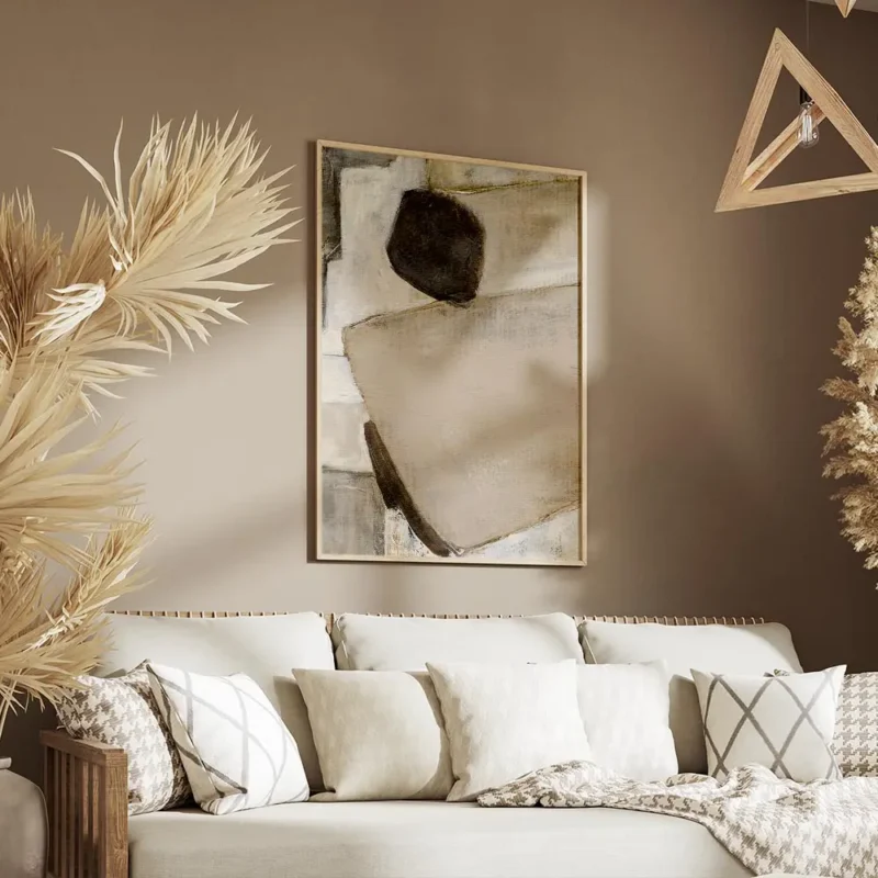 affiche abstraite beige et blanc avec une forme noire texturee et des lignes geo salon.webp