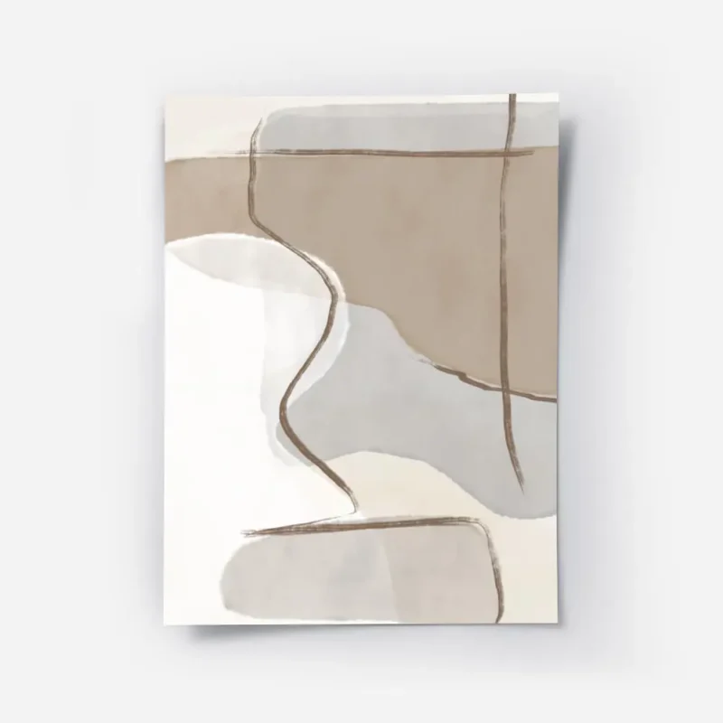 affiche abstraite beige et bleue avec des formes organiques et des lignes marron.webp