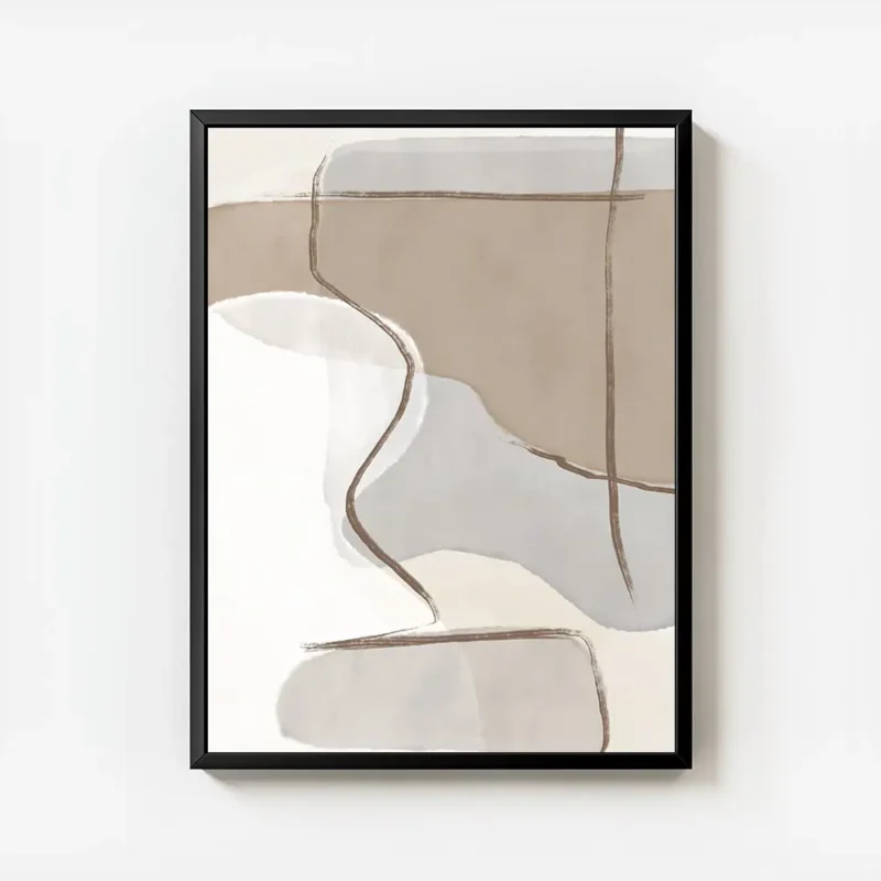 affiche abstraite beige et bleue avec des formes organiques et des lignes marron avec cadre.webp