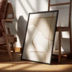 affiche abstraite beige et bleue avec des formes organiques et des lignes marron encadre.webp
