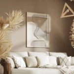 affiche abstraite beige et bleue avec des formes organiques et des lignes marron salon.webp