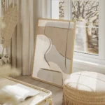 affiche abstraite beige et bleue avec des formes organiques et des lignes marron salon beige.webp