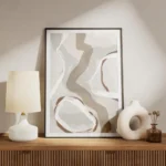 affiche abstraite beige et bleue presentant des formes organiques et des lignes meuble.webp