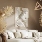 affiche abstraite beige et bleue presentant des formes organiques et des lignes salon.webp