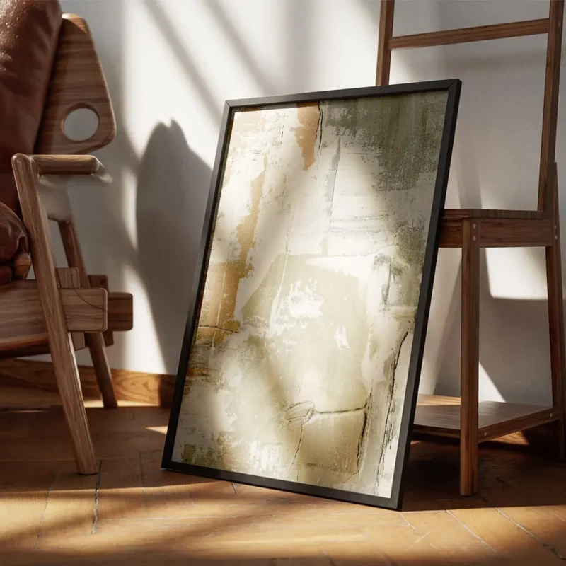 affiche abstraite brute avec des coups de pinceau en relief tons beige vert et o encadre.webp