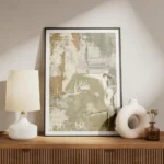 affiche abstraite brute avec des coups de pinceau en relief tons beige vert et o meuble.webp
