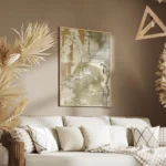 affiche abstraite brute avec des coups de pinceau en relief tons beige vert et o salon.webp