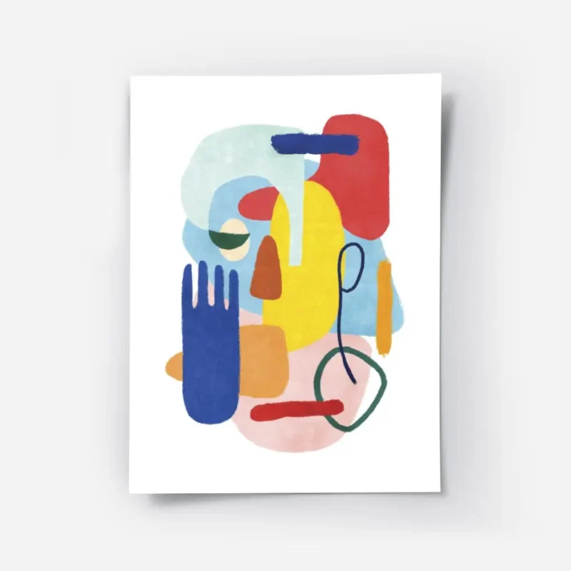 affiche abstraite coloree avec des formes des yeux et une main bleue sur fond bl.webp