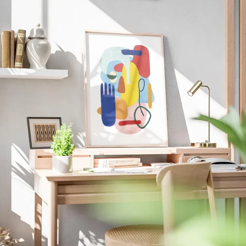 affiche abstraite coloree avec des formes des yeux et une main bleue sur fond bl bureau.webp