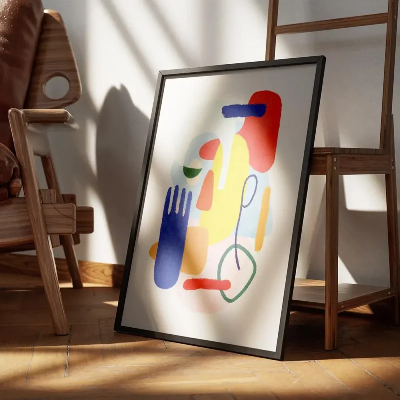 affiche abstraite coloree avec des formes des yeux et une main bleue sur fond bl encadre.webp