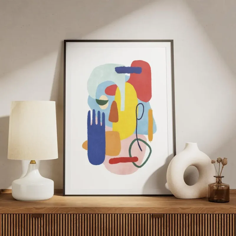 affiche abstraite coloree avec des formes des yeux et une main bleue sur fond bl meuble.webp