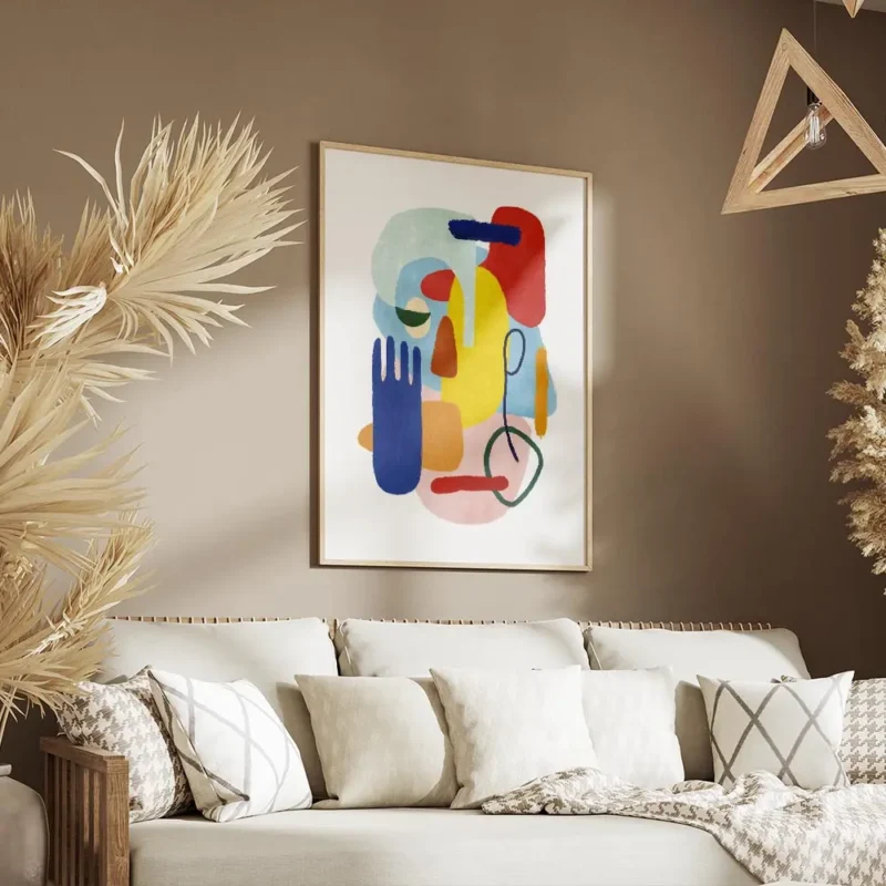 affiche abstraite coloree avec des formes des yeux et une main bleue sur fond bl salon.webp