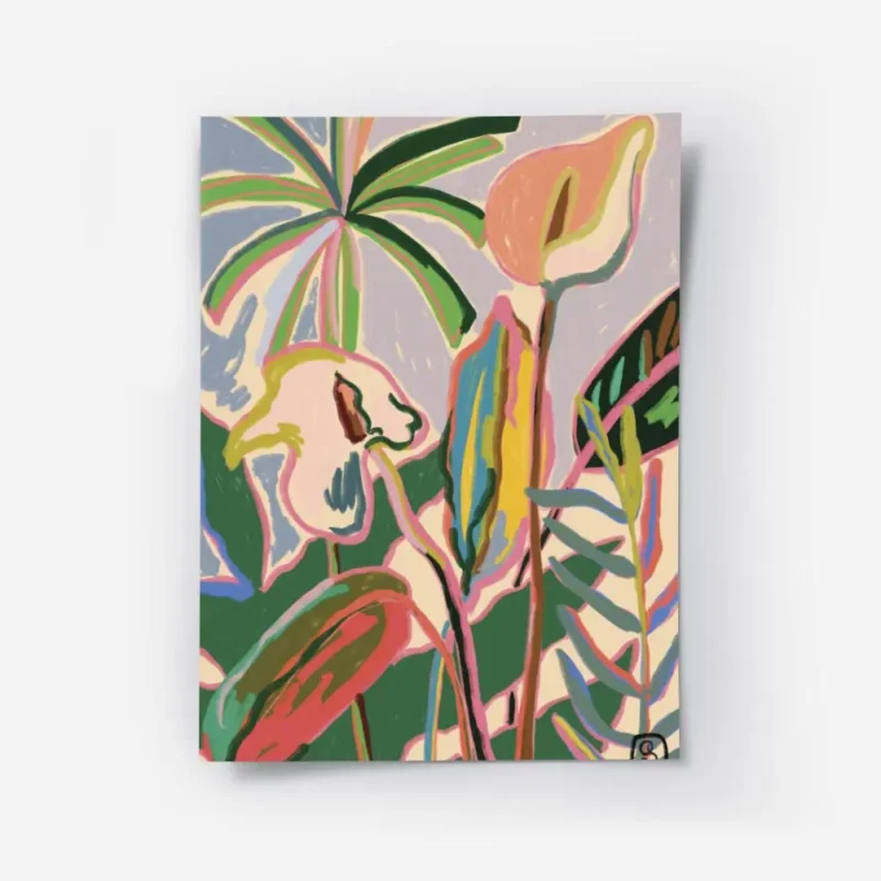 affiche abstraite coloree representant des plantes et des fleurs tropicales sur .webp