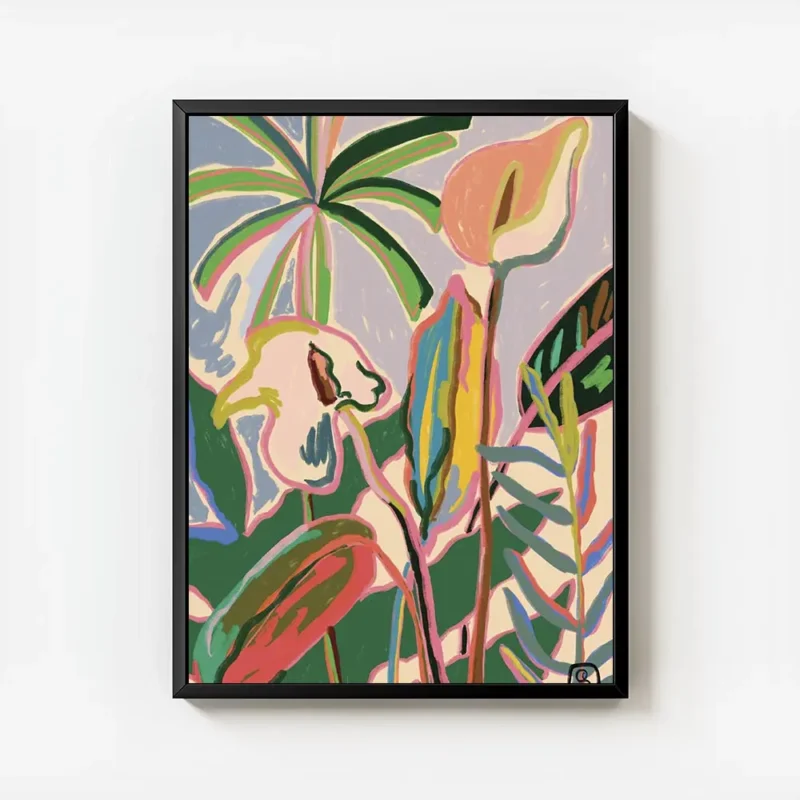 affiche abstraite coloree representant des plantes et des fleurs tropicales sur avec cadre.webp