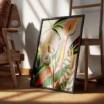 affiche abstraite coloree representant des plantes et des fleurs tropicales sur encadre.webp