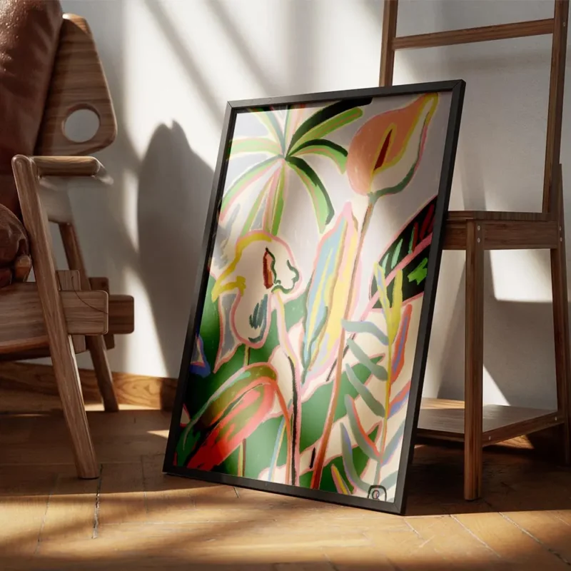 affiche abstraite coloree representant des plantes et des fleurs tropicales sur encadre.webp