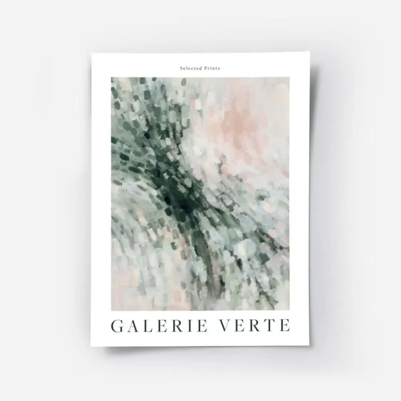 affiche abstraite de carres arrondis verts blancs et roses avec texte noir galer.webp