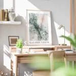 affiche abstraite de carres arrondis verts blancs et roses avec texte noir galer bureau.webp