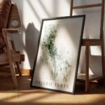 affiche abstraite de carres arrondis verts blancs et roses avec texte noir galer encadre.webp