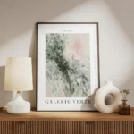 affiche abstraite de carres arrondis verts blancs et roses avec texte noir galer meuble.webp