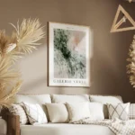 affiche abstraite de carres arrondis verts blancs et roses avec texte noir galer salon.webp