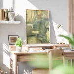 affiche abstraite de couleurs vertes et jaunes avec des formes organiques et des bureau.webp