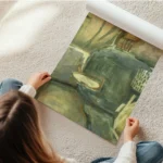 affiche abstraite de couleurs vertes et jaunes avec des formes organiques et des en rouleau.webp