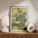 affiche abstraite de couleurs vertes et jaunes avec des formes organiques et des meuble.webp