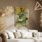 affiche abstraite de couleurs vertes et jaunes avec des formes organiques et des salon.webp