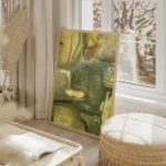 affiche abstraite de couleurs vertes et jaunes avec des formes organiques et des salon beige.webp