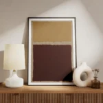 affiche abstraite de deux larges coups de pinceau textures un jaune sable et un meuble.webp