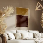 affiche abstraite de deux larges coups de pinceau textures un jaune sable et un salon.webp