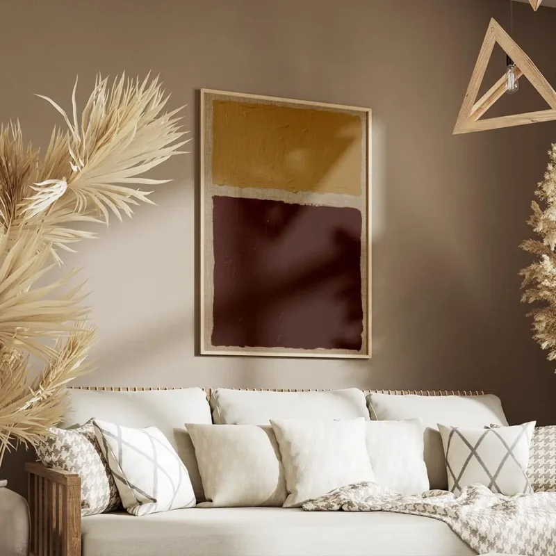 affiche abstraite de deux larges coups de pinceau textures un jaune sable et un salon.webp