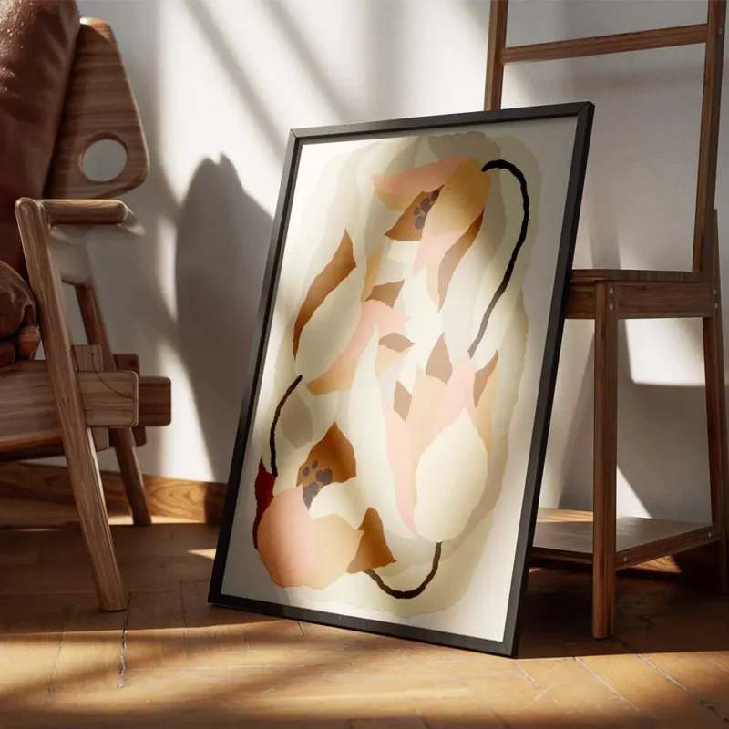 affiche abstraite de fleurs aux formes organiques tons pastel de rose beige et m encadre.webp
