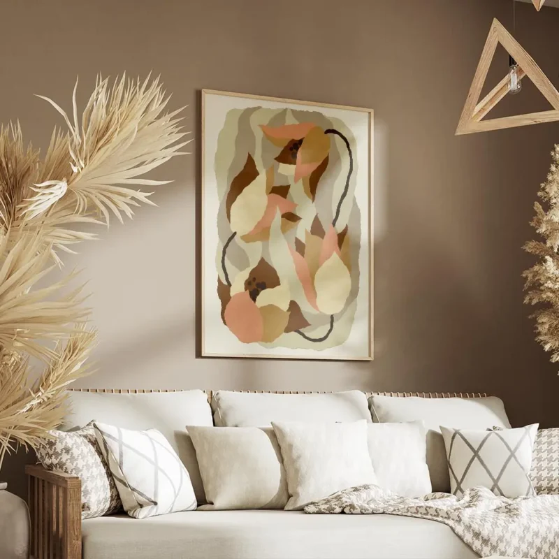 affiche abstraite de fleurs aux formes organiques tons pastel de rose beige et m salon.webp