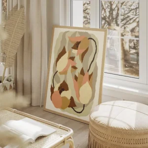affiche abstraite de fleurs aux formes organiques tons pastel de rose beige et m salon beige.webp