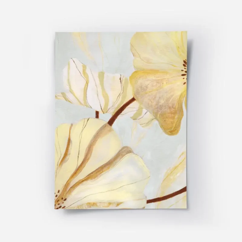 affiche abstraite de fleurs jaunes et blanches aux contours dores et marron sur .webp