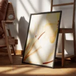 affiche abstraite de fleurs jaunes et blanches aux contours dores et marron sur encadre.webp