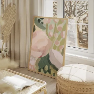 affiche abstraite de fleurs roses et branches vertes une peinture aux coups de p salon beige.webp