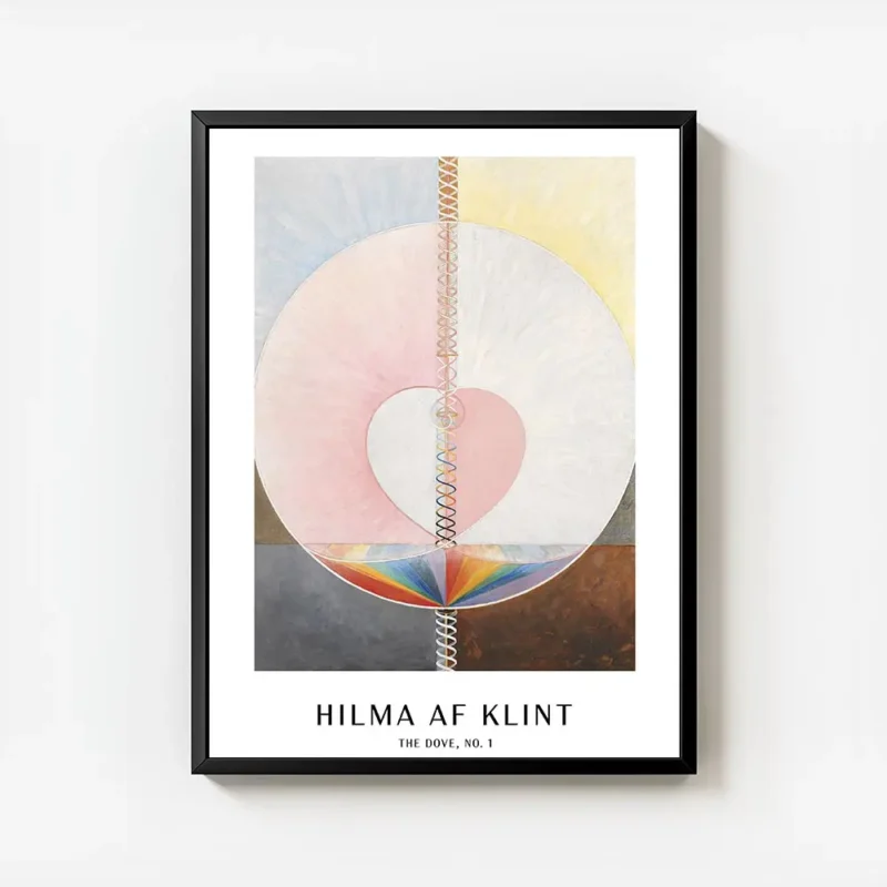 affiche abstraite de hilma af klint avec un c ur rose des cercles et des spirale avec cadre.webp