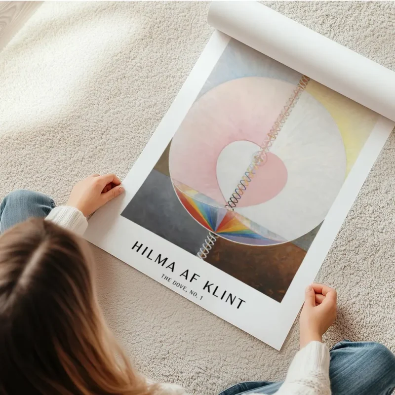 affiche abstraite de hilma af klint avec un c ur rose des cercles et des spirale en rouleau.webp