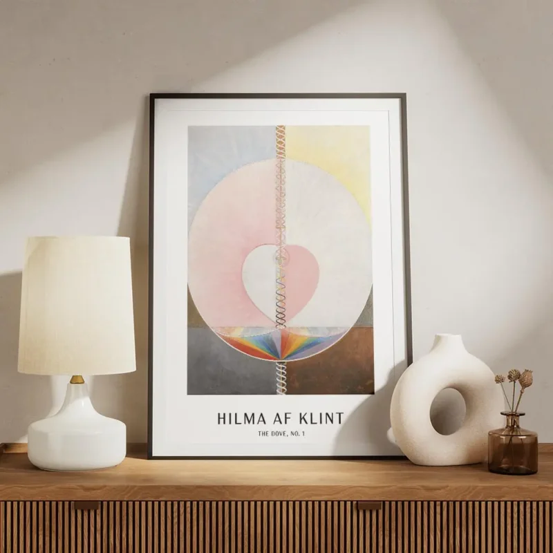 affiche abstraite de hilma af klint avec un c ur rose des cercles et des spirale meuble.webp
