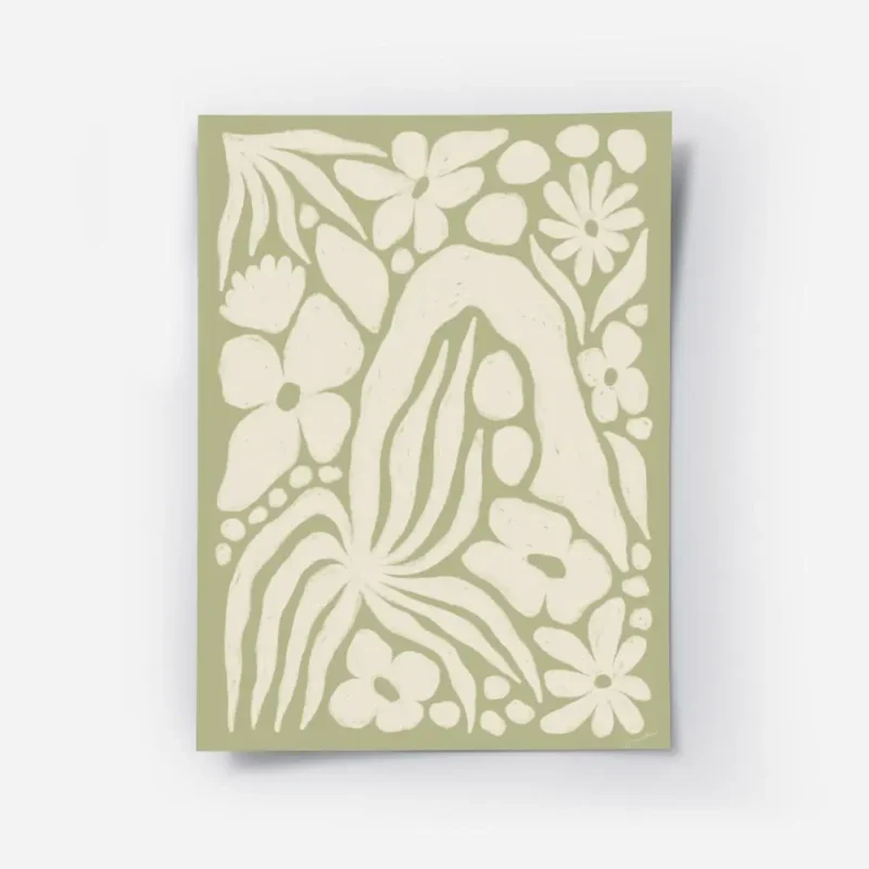 affiche abstraite de jardin vert avec des fleurs et des feuilles de couleur ecru.webp