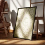 affiche abstraite de jardin vert avec des fleurs et des feuilles de couleur ecru encadre.webp