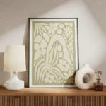 affiche abstraite de jardin vert avec des fleurs et des feuilles de couleur ecru meuble.webp