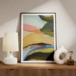 affiche abstraite de leigh viner avec des formes organiques et des touches de co meuble.webp