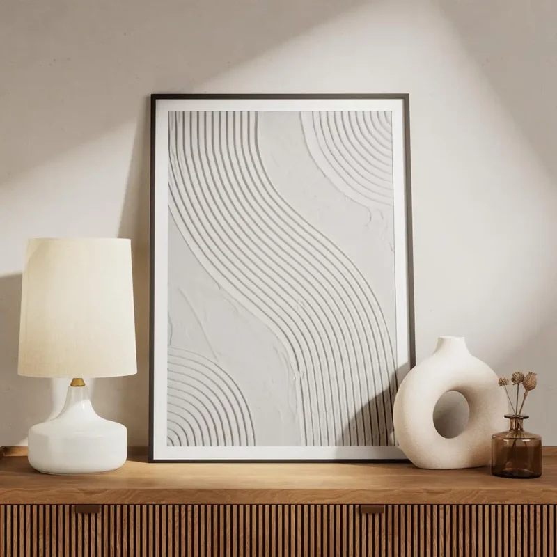 affiche abstraite de lignes ondulees en relief couleur gris beige texture modern meuble.webp