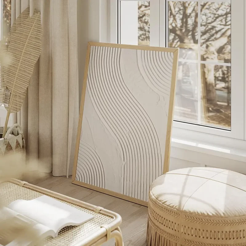 affiche abstraite de lignes ondulees en relief couleur gris beige texture modern salon beige.webp