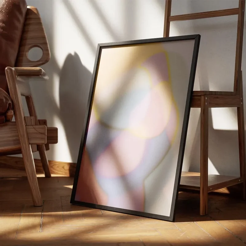 affiche abstraite de nuances douces et floues formes pastel etherees de rose ble encadre.webp
