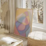 affiche abstraite de nuances douces et floues formes pastel etherees de rose ble salon beige.webp